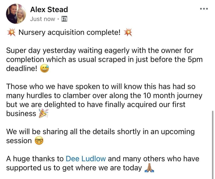 Alex Stead, nursery acquisition complete